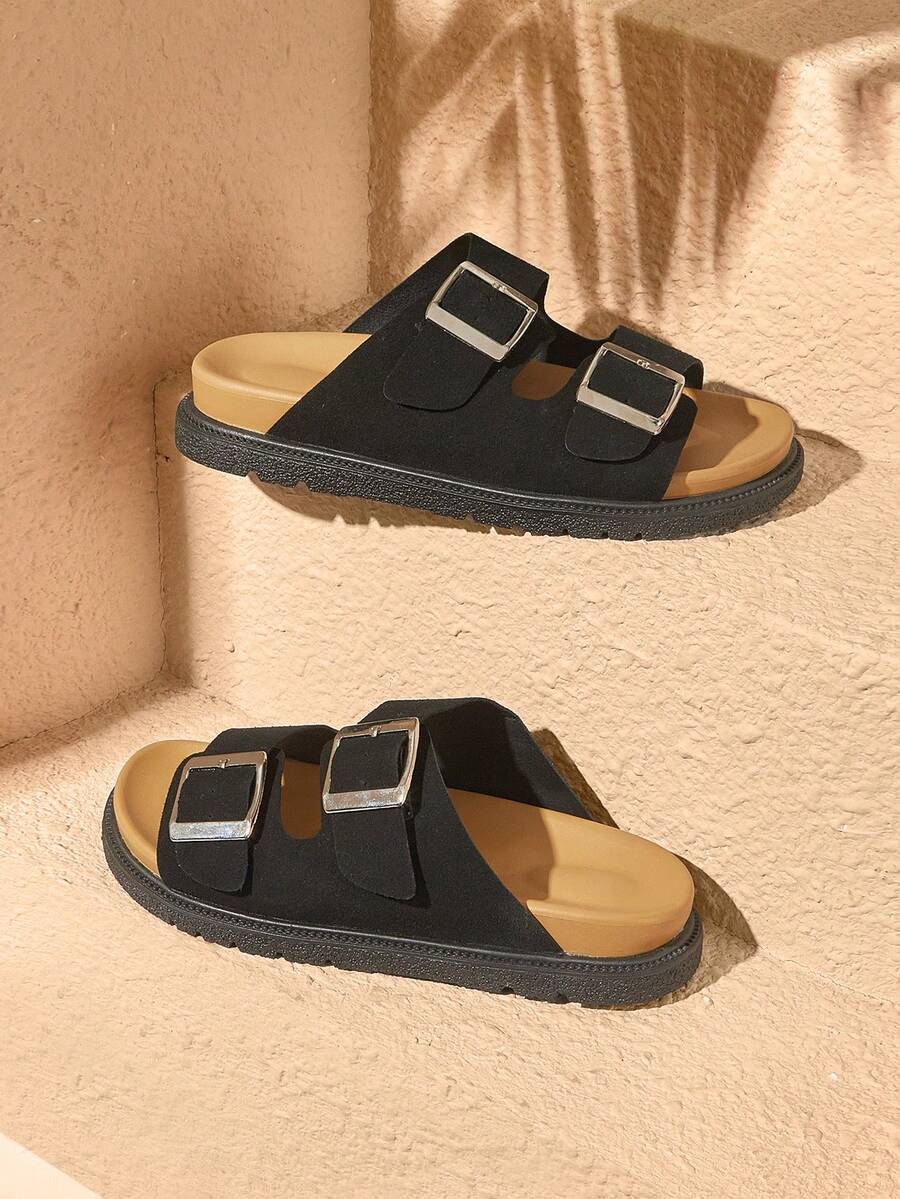 HighSole 女士厚底凉鞋,双扣平底凉鞋,防滑休闲凉鞋,仿麂皮面料,橡胶外底,夏季穿着,休闲百搭,适合海边购物 - 黑色 - 查看 1