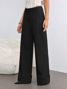 SHEIN Tall 女士浅杏色纯色斜纹布纽扣口袋简约低腰长裤，适合通勤、休闲、时尚外出、复古风、办公穿着、冬季女裤、阔腿裤、休闲裤 - 黑色 - 查看 10