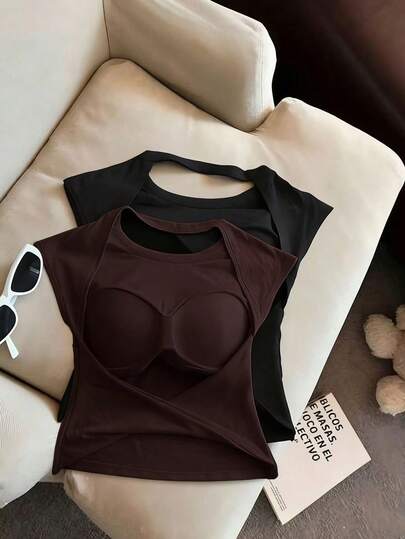 Airaco 2pcs/Set Women's Minimalist Solid Color Padded T-Shirt