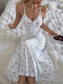 SHEIN 女士浪漫碎花无袖露背吊带裙 - 藍色 - 查看 3