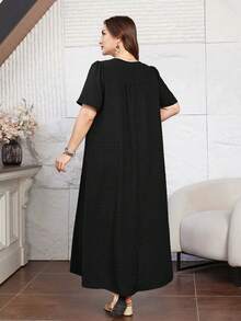 Lacomfia Casual Minimalist Pom-Pom Jacquard Round Neck Loose Fit Short Sleeve Plus Size Dress, Suitable For Spring And Autumn - Black - View 2