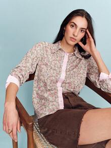 lacRébo 粉色碎花长袖衬衫，条纹纽扣门襟，复古春夏风格，法式巴黎风 - 粉色 - 查看 6