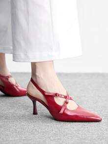 CUCCOO BIZCHIC 酒红色系带优雅高跟鞋，法式成熟风格，金属搭扣细跟 - 酒紅色 - 查看 5