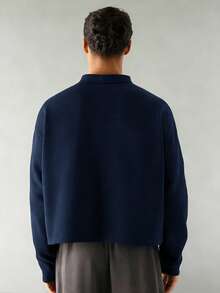 SWAVVY Men's Knitted Casual Daily Loose Fit Long Sleeve Half-Placket Polo Shirt - Navy Blue - View 2