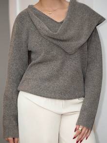 Melissa Matos 女士保暖防寒羊毛针织衫，披肩领设计，新款秋冬长袖宽松上衣，休闲时尚简约针织衫，圣诞套头衫，通勤百搭。 - 摩卡棕 - 查看 6