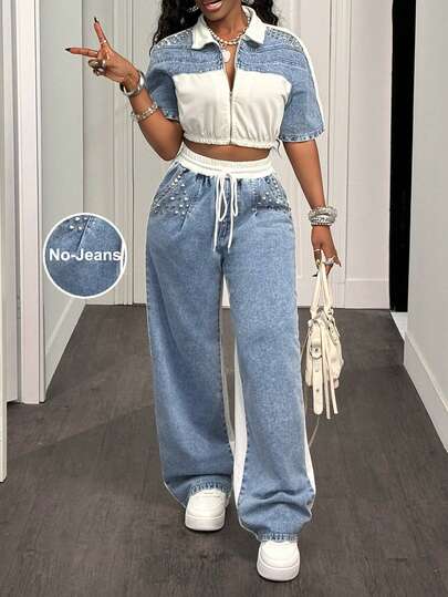 Slaydiva Blouse en jean à manches courtes, polyvalente et décontractée, avec fermeture éclair bicolore pour femmes