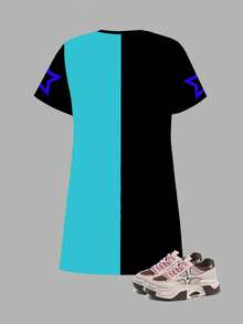 少女圆领字母卡通印花短袖连衣裙，适合度假、派对、日常穿着、音乐会等场合。 - 彩色 - 查看 3