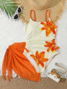 SHEIN Tween Girl Ditsy Floral Camisole One-Piece Swimsuit With Skirt 2 Pieces Set - Multicolor - View 3