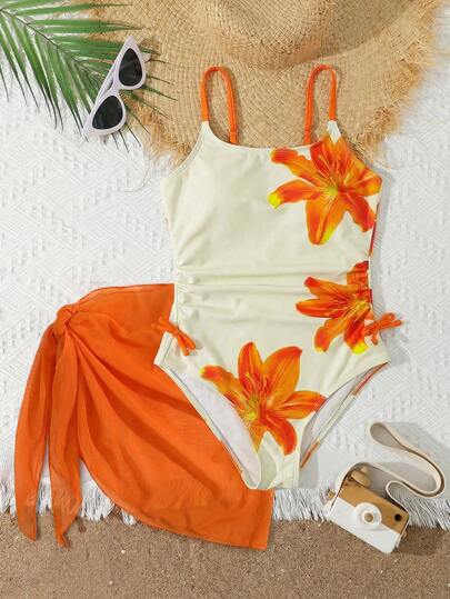 SHEIN Tween Girl Ditsy Floral Camisole One-Piece Swimsuit With Skirt 2 Pieces Set