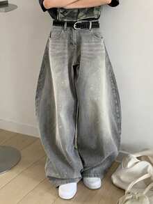 FRIFUL Women's Pocketed Wide Leg Loose Casual Versatile Jeans - Grey - View 1