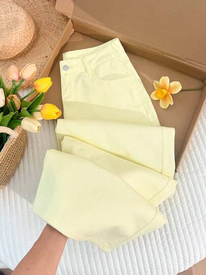 Comfortcana Women's Solid Color Slant Pocket Casual Loose Fit Jeans