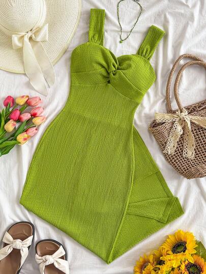 SHEIN Teen Girl Mint Green Jacquard Knit Twist Strap Fitted Dress