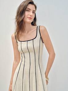 SHEIN x PRISCILA & JIMENA MOTF PREMIUM 對比色包邊方領擴擺裙 - 杏色 - 查看 2