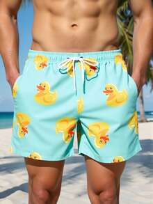 Manfinity RSRT Men's Simple & Fashionable Beach Shorts, Yellow Duck Print Beach ShortsSuitable For Summer Men Swim Trunks Men Matching Bathing Suit For Men Funny Swim Trunks Little Yellow Duck Men Swim Trunks,Hawaiian - Teal Blue - View 1