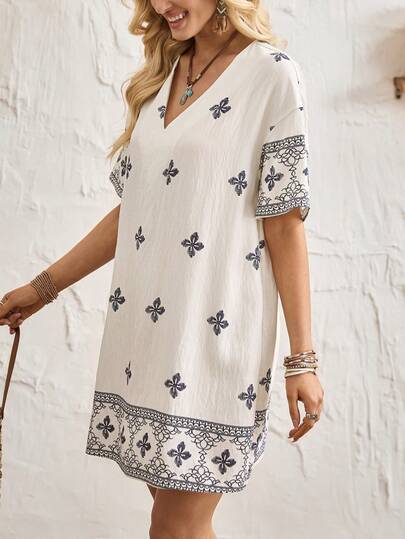 Breezaya Women's Casual V-Neck Dress, Loose Fit Summer Dress, Vacation Style Floral Print Midi Dress, Apricot Dress, Black Floral Dress