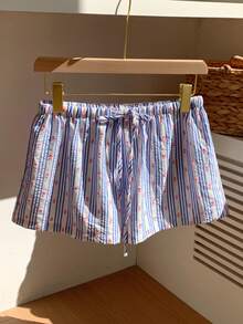 CovetEZ Pantalones cortos sueltos con cintura de lazo de mujer de estilo casual a rayas - Azul y blanco - Ver 7