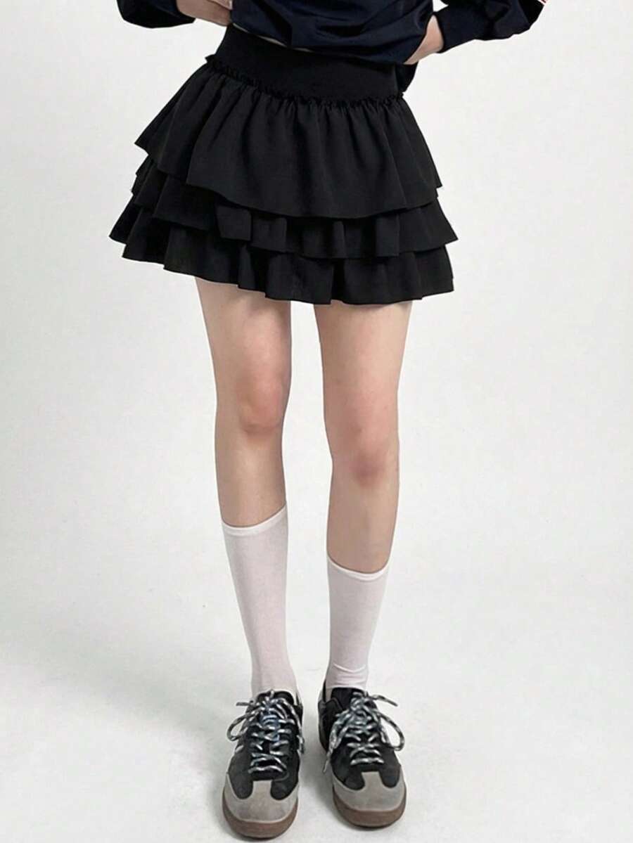 DAZY Jupe à volants de couleur unie pour femmes avec short de , style scolaire - Noir - Voir 1