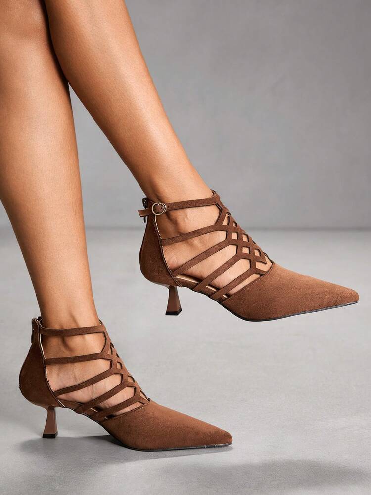 CUCCOO SZL Women Shoes Hollow-Out Design Pointed High Heel Shoes Sexy Faux Suede Brown High Heel Shoes Party Dating Daily