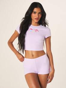 MISSGUIDED Women Lavender Embroidered Dolphin Cropped Tee And Micro Short Pajama Nightwear Sleep Set With Heart Print - Mauve Purple - View 4