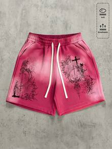 ROMWE MEN Street Life Men's Casual Street Graffiti Print Drawstring Waist Shorts, Summer - Pink - View 1