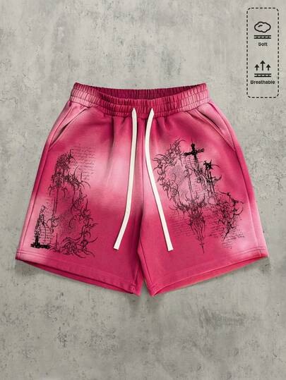 ROMWE MEN Street Life Men's Casual Street Graffiti Print Drawstring Waist Shorts, Summer