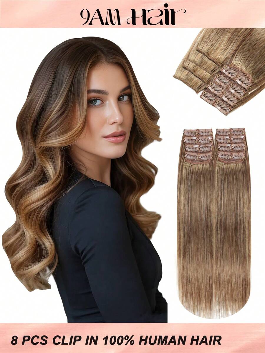 8PCS With 16 Clips Straight Clip In Hair Extensions 100% Real Human Hair Color P4/27# Medium Brown Highlights Honey Blonde 12-18 Inch Double Weft Invisible Clip Hair Extensions Remy Natural Human Hair For Women Girl Daily Full Head Use - SP4/27 - View 1