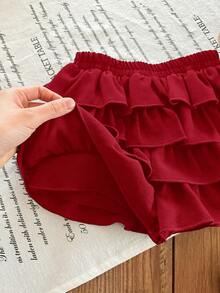 Babygirl Summer Cute Casual Versatile Black Ruffle Elastic Waist Mini Skirt - Red - View 5