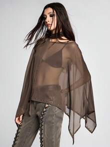 ROMWE Grunge Punk Bohemian Style Scarf Decor Off-Shoulder Asymmetrical Hem Cover-Up - Brown - View 5