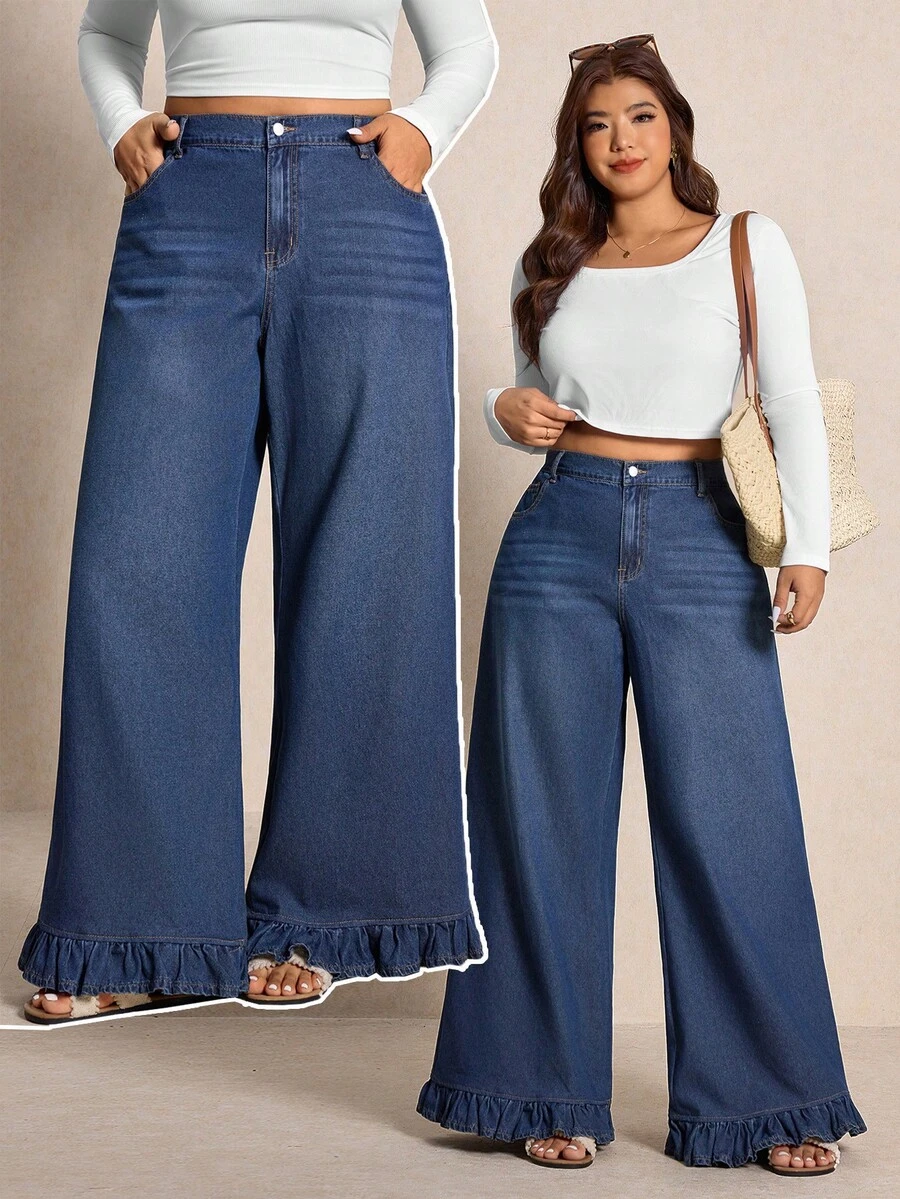 Elaquor Quần jeans nữ cỡ lớn cạp cao, có túi, ống rộng, dáng rộng, thoải mái, đa năng. - Rửa tối - Xem 1
