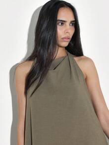 KSTM Olive Asymmetric Halter Top With Draped Silhouette And Open Back Design For Summer Occasions - Army Green - View 5