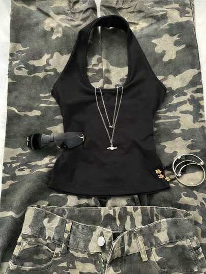 Glimmora Women's Casual Solid Color Halter Neck Top, Summer