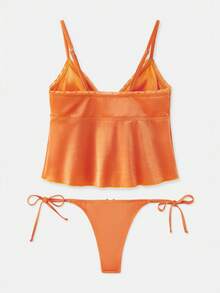 lacRébo Orange Glitter Bikini Set With Crop Top And Tie-Side Bottoms Spring-Summer Style Boho Vacation Swimwear Spring Summer Holiday Swimsuit Beach Outfit Orange Two Piece Set Orange Swimsuit Women Orange Bikini - Orange - View 7