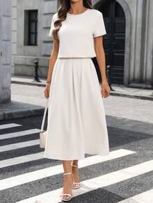 Ellevyn 女士圆领短袖杏色纯色珍珠装饰上衣搭配褶皱A字裙，优雅日常通勤两件套 - 杏色 - 查看 7