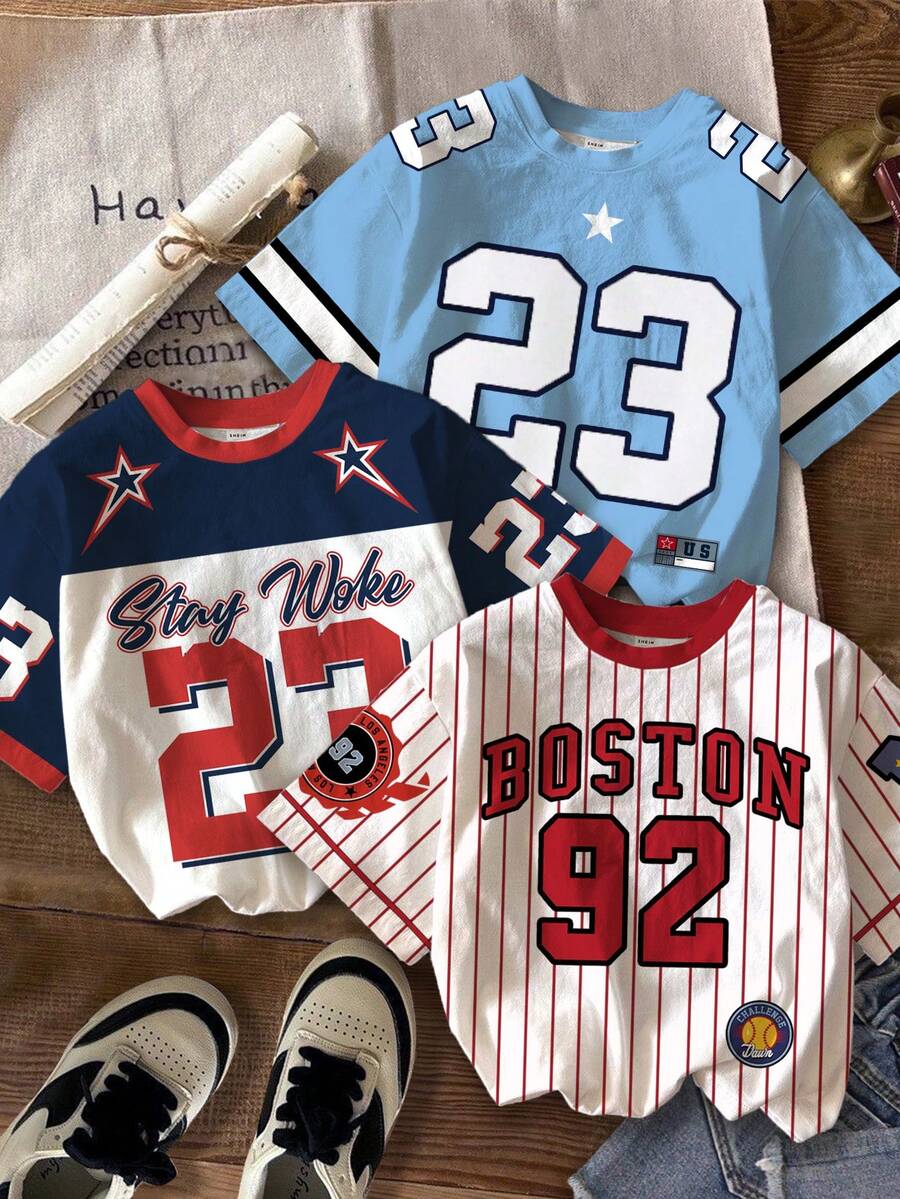 Set de 3 camisetas de manga corta con cuello redondo, estilo deportivo y retro americano, con gráficos de letras y números 92 en estilo Y2K casual para niños preadolescentes - Multicolor - Ver 1