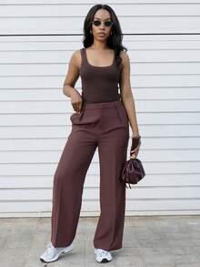 Yess Loren Maillard 阔腿优雅现代高腰西装裤，度假新年 - 鏽棕色 - 查看 4