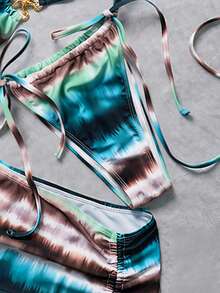 SHEIN Swim Tie Dye Fabric Metal Decor Drawstring Design Elegant Women Swimwear Set, Suitable For Vacation - Multicolor - View 6