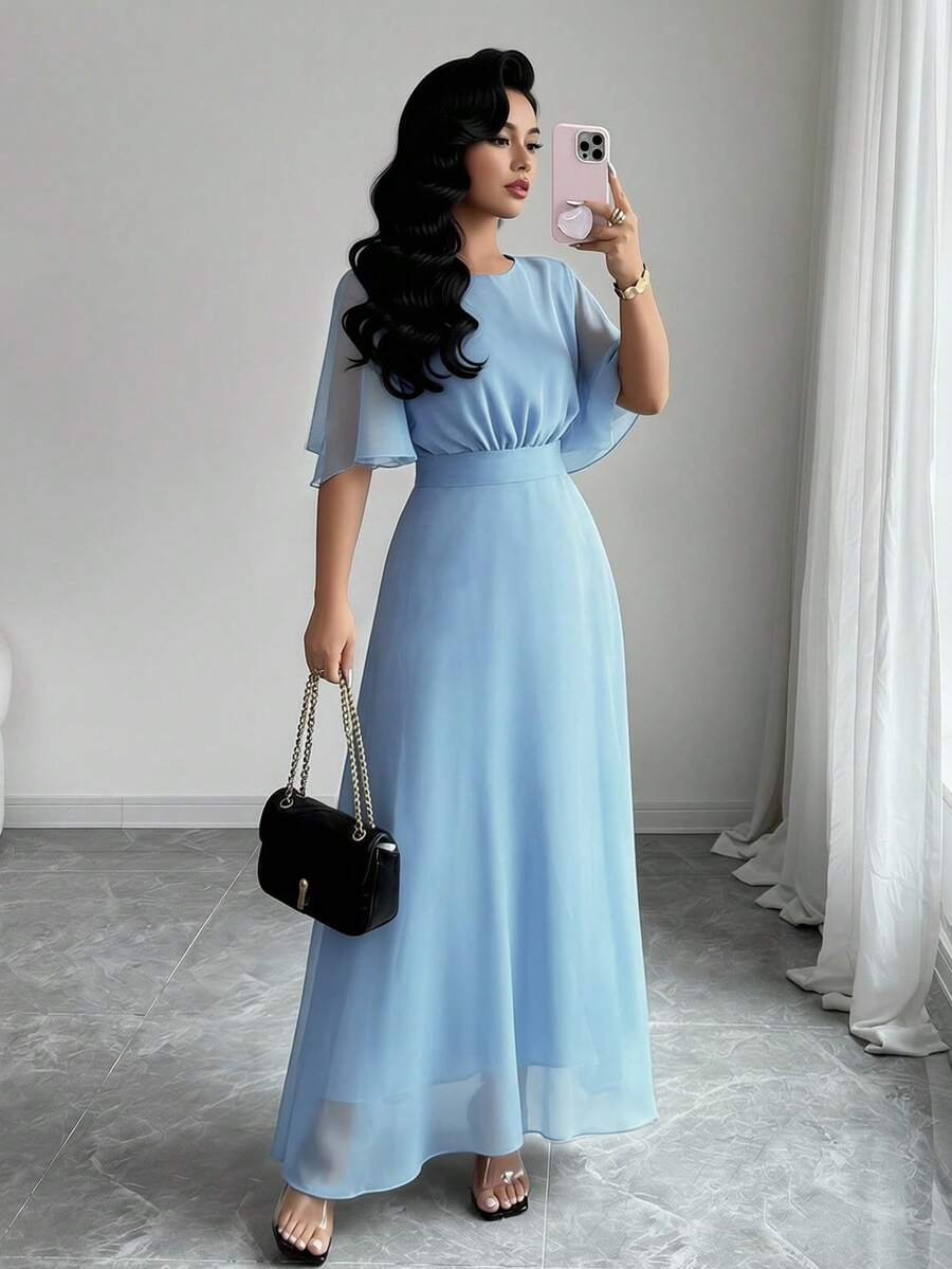 Modelyn 女士优雅圆领荷叶边喇叭袖修身飘逸雪纺长款连衣裙,春夏款 - 藍色 - 查看 1