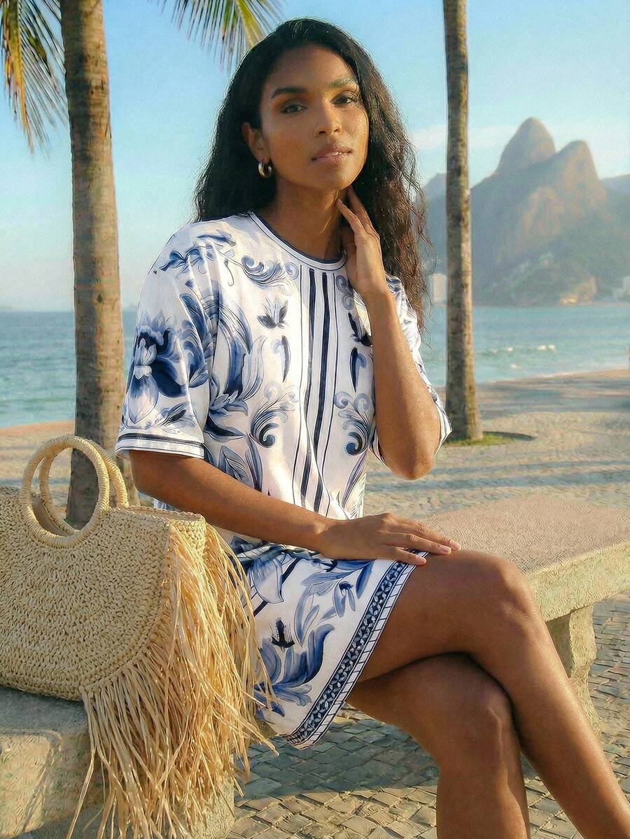 CAJUNI 阿拉伯风格花卉印花T恤连衣裙。 - 藍色 - 查看 1