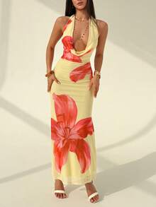 Aloruh 女士印花深V领连衣裙，度假风 - 鵝黃色 - 查看 4