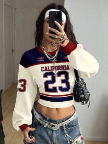 Coolane 休闲简约运动街头百搭派对机场穿搭，数字和英文字母学院风印花图案，音乐节穿搭，夏季户外女式短款圆领卫衣 - 彩色 - 查看 5