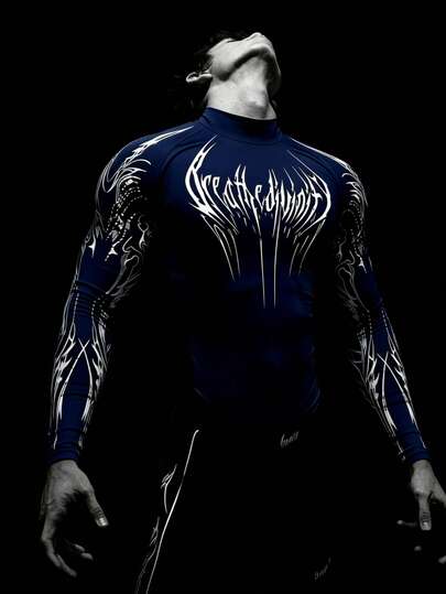 RISE LYT 男士字母图案插肩长袖立领塑身运动T恤