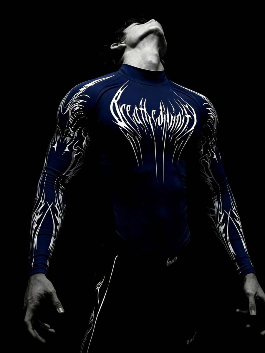 RISE LYT Men's Letter Graphic Raglan Long Sleeve Stand Collar Shapewear Sports T-Shirt - Navy Blue - View 1