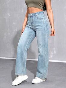SHEIN EZwear Women's High Waist Light Blue Casual Summer Versatile Jeans - Light Wash - View 4