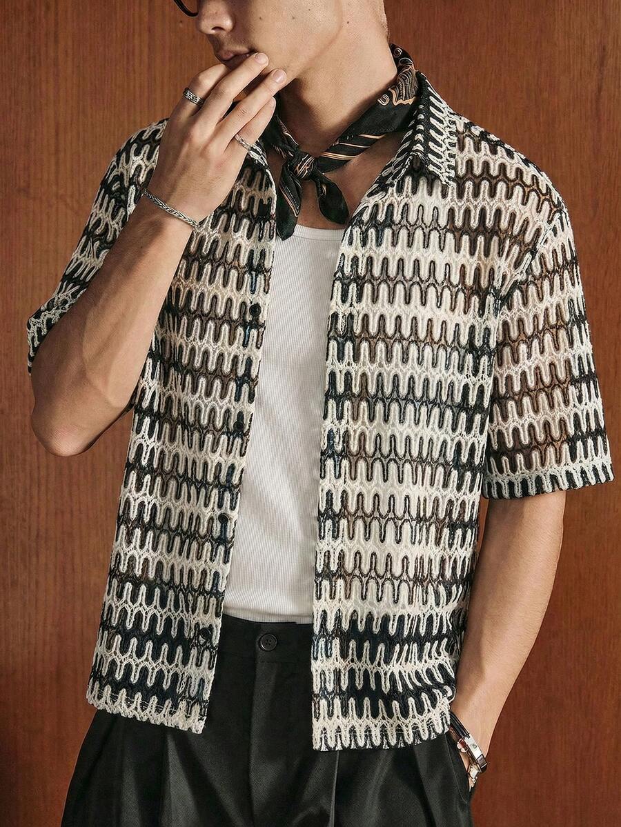 Manfinity Unisex Men's All-Over Print Button Front Casual Short Sleeve Shirt, Summer - White - View 1