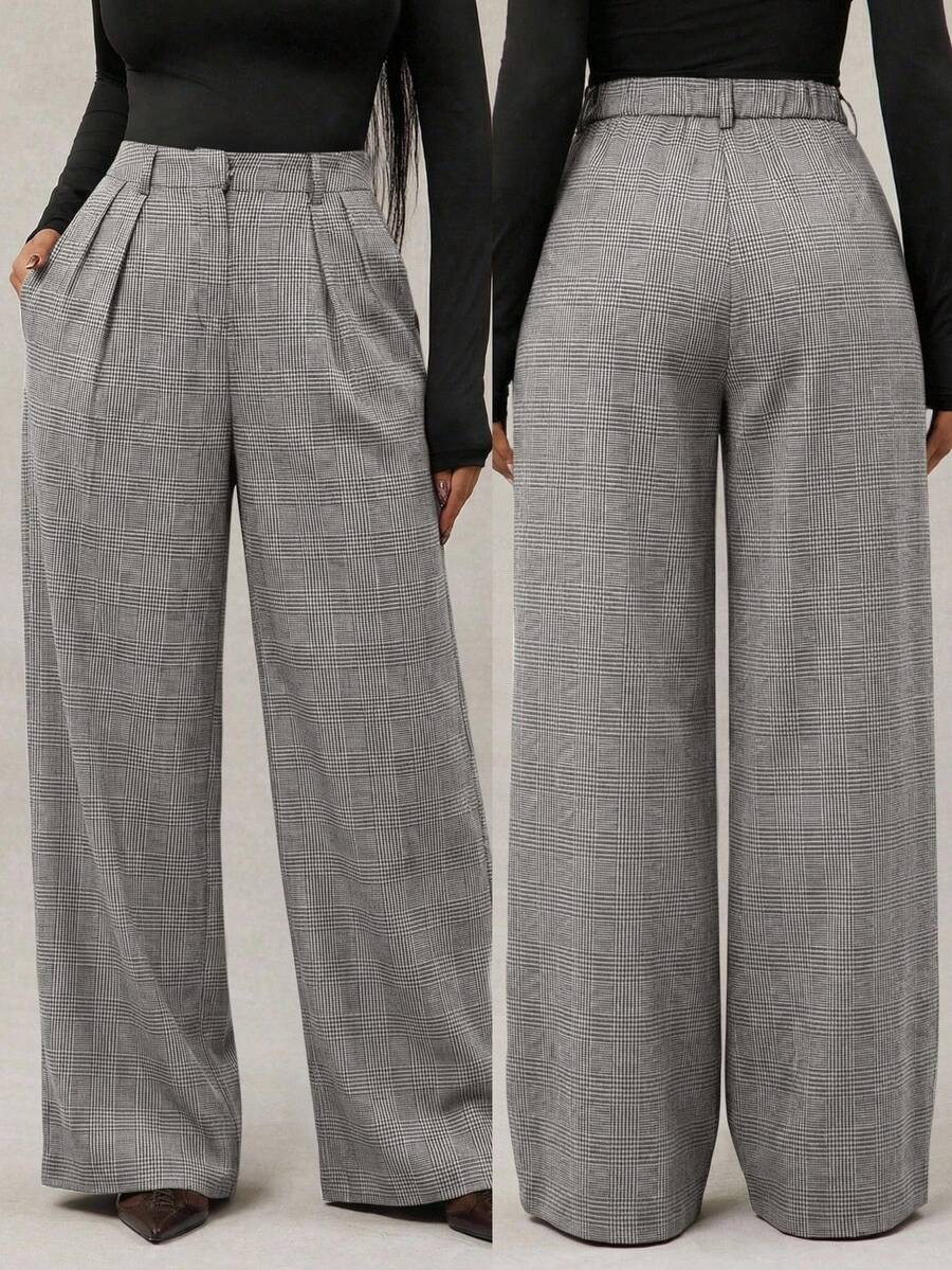 Radiana 女士极简时尚黑白千鸟格阔腿裤，通勤裤，黑白阔腿裤，高腰阔腿裤，黑白西装裤，黑白高腰裤，黑白女式长裤，宽松休闲裤，适合商务、复古、派对、度假、外出等场合，尽显老钱风范。 - 黑與白 - 查看 1