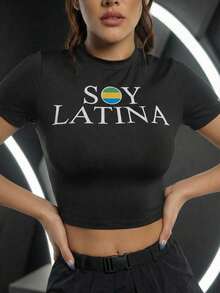 Innovista 女士字母印花圆领短袖网球T恤 - 黑色 - 查看 2