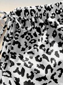 SHEIN EZwear 女士休闲豹纹抽绳腰长裤 - 黑與白 - 查看 3