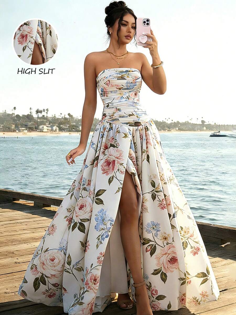 Elenzga Vestido estampado floral sin tirantes para mujer - Multicolor - Ver 1