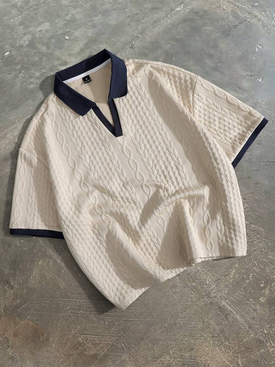 PAVTROS 男士撞色领口袖口短袖Polo衫 - 卡其色 - 查看 1