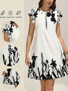 Comfylo 大码优雅印花圆领连衣裙，适合情人节、夏季、母亲节、阳光膝上连衣裙，适合母亲节外出穿着，时尚膝上连衣裙，休闲假日印花蝴蝶印花露肩膝上连衣裙，情人节度假休闲植物印花膝上连衣裙，女士休闲膝上连衣裙，女士休闲膝上连衣裙，女士印花休闲假日荷叶袖连衣裙，女士沙滩装，婚礼宾客礼服，情人节服装，女士印花圆领短袖优雅膝上连衣裙，适合夏季度假，女士膝上连衣裙，优雅礼服，女士生日装，工作夏季膝上连衣裙，女士阳光连衣裙，膝上连衣裙，黑白连衣裙，白色印花连衣裙，女士短袖白色休闲连衣裙，夏季连衣裙，短袖夏季连衣裙，泡泡袖连衣裙，印花连衣裙，女士印花连衣裙，女士白色印花连衣裙，圆领连衣裙，女士印花连衣裙，音乐节 - 黑與白 - 查看 5